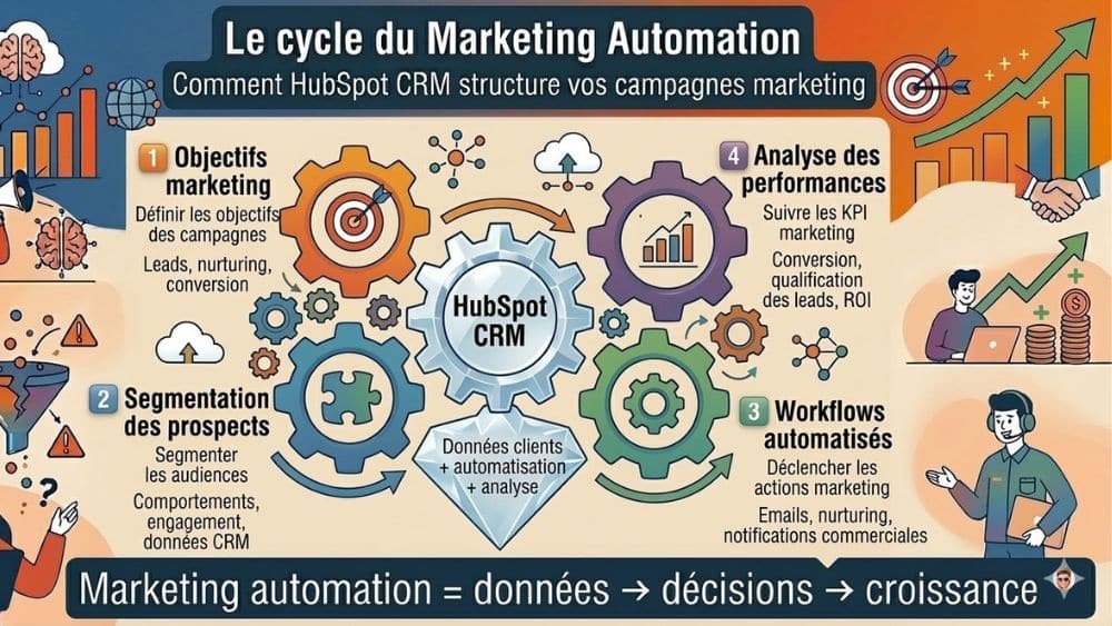 Pilotez vos campagnes marketing avec le marketing automation et HubSpot CRM Infographie marketing automation HubSpot CRM – pilotage des campagnes marketing