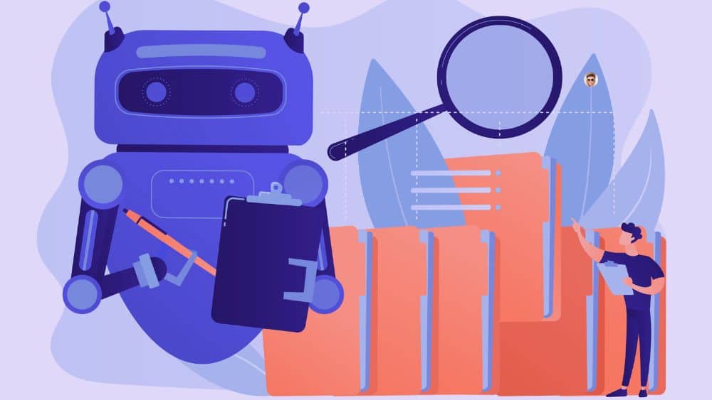 SEO et IA : produire des réponses structurées pour orienter les décisions IA et SEO conversationnel : robot analysant des contenus pour générer des réponses utiles et orientées décision