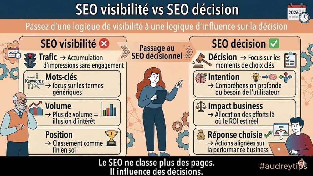 Stratégie SEO décisionnelle : relier visibilité, intention et impact business Infographie SEO visibilité vs SEO décision : passer du trafic à une stratégie orientée impact business et conversion