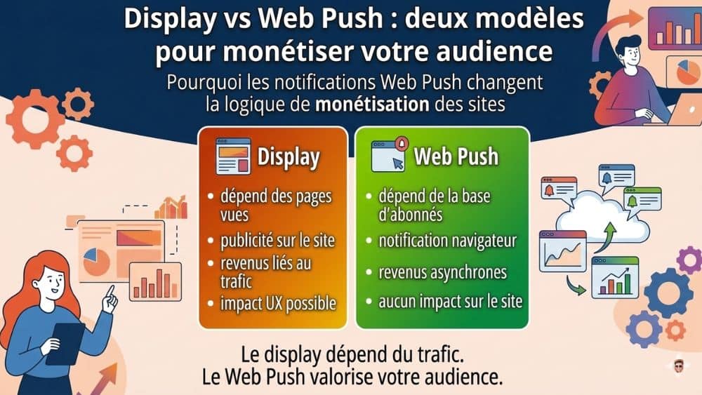 Web push marketing vs display : monétiser son audience autrement Infographie Display vs Web Push pour monétiser son audience avec la notification web push
