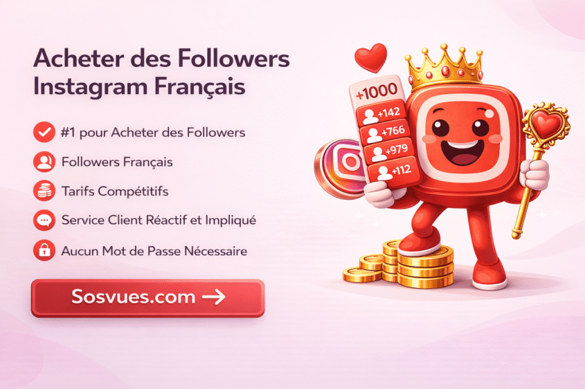Acheter des followers Instagram français avec Sosvues Visuel promotionnel de Sosvues pour acheter des followers Instagram français avec service client réactif et sans mot de passe