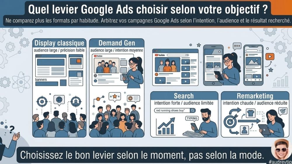 Demand Gen Google Ads : quel rôle dans votre stratégie d’acquisition ? Infographie comparant Display classique, Demand Gen, Search et Remarketing pour choisir le bon levier Google Ads selon l’objectif d’acquisition.