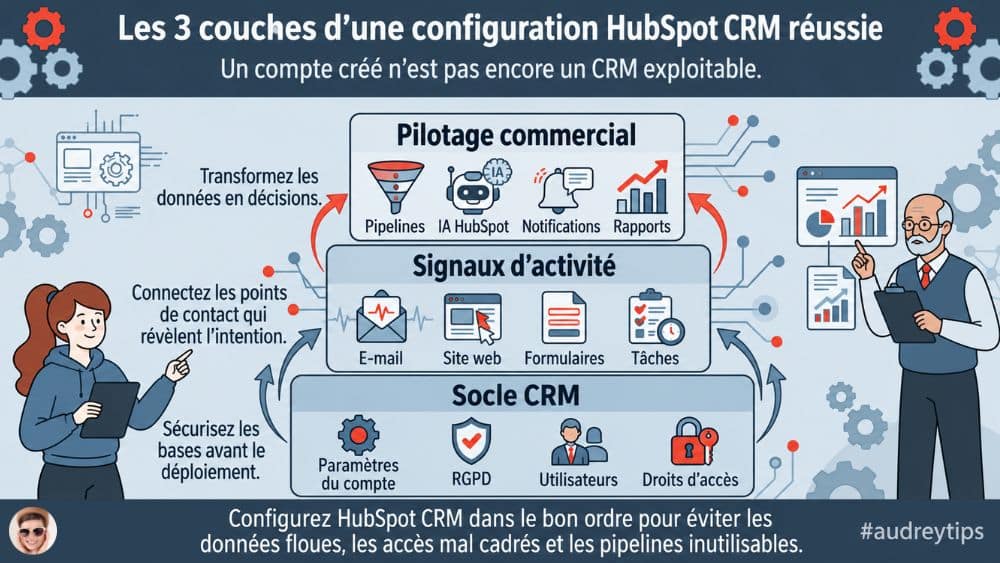 Configurer HubSpot CRM en 3 couches pour le rendre opérationnel Infographie présentant les 3 couches d’une configuration HubSpot CRM réussie : socle CRM, signaux d’activité et pilotage commercial.