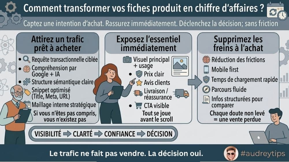 Fiche produit SEO et UX : attirer, rassurer et convertir Fiche produit SEO et UX : structure pour attirer du trafic qualifié, rassurer et déclencher l’achat