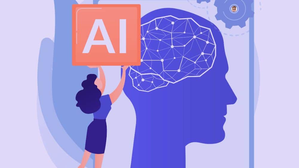 CRM IA et analyses prédictives B2B Illustration d’une intelligence artificielle appliquée aux analyses prédictives CRM, avec cerveau connecté et panneau AI.