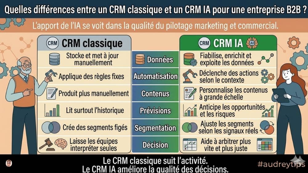 Différences entre CRM classique et CRM IA en B2B Infographie comparant CRM classique et CRM IA en B2B sur les données, l’automatisation, les contenus, les prévisions, la segmentation et la décision.