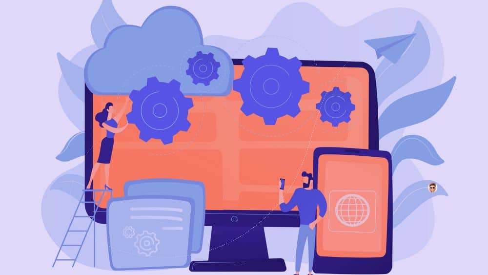 CRM IA et automatisation des actions B2B Illustration d’un CRM IA qui automatise les actions marketing et commerciales avec des engrenages, un écran et un smartphone.