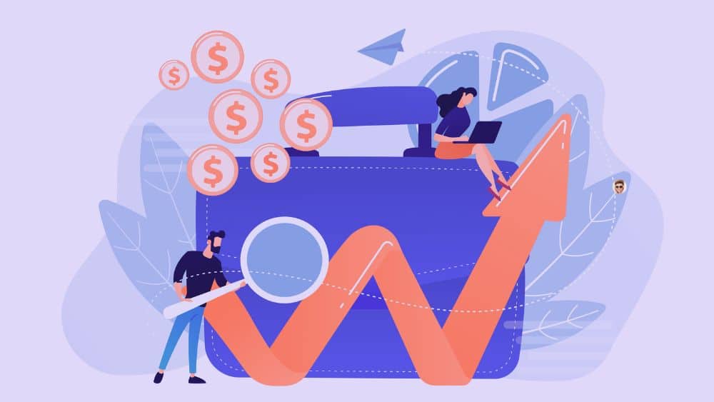 Revenu par client et leviers de croissance CRM Illustration d’une progression du revenu par client avec une courbe ascendante, des revenus et deux personnes analysant les leviers de croissance.
