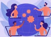 Illustration d’une équipe en visioconférence autour d’un globe, pour représenter la visibilité IA, l’analyse AEO et les citations de marque avec HubSpot