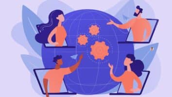 Illustration d’une équipe en visioconférence autour d’un globe, pour représenter la visibilité IA, l’analyse AEO et les citations de marque avec HubSpot