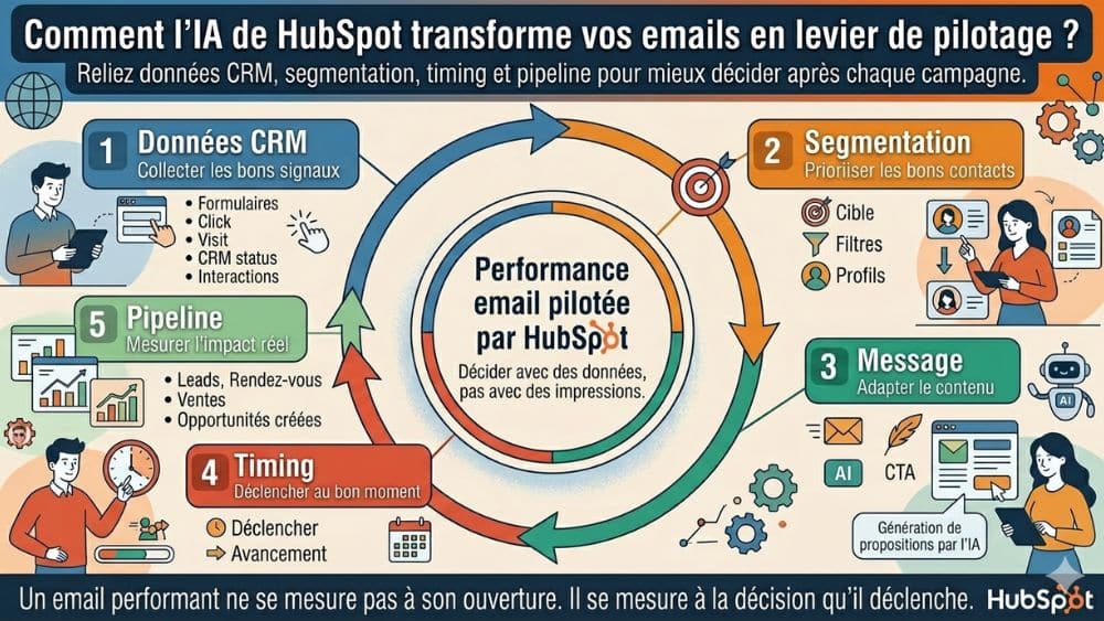 Infographie pilotage performance email avec l’IA de HubSpot et données CRM Infographie IA HubSpot performance email : pilotage via données CRM, segmentation, message, timing et pipeline