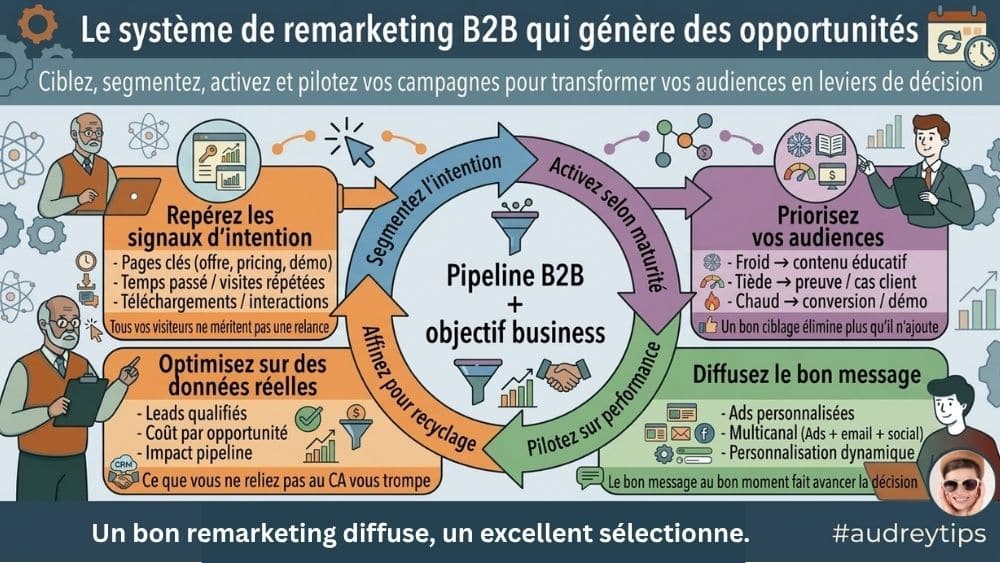 Infographie - la boucle du remarketing Google Ads en B2B orientée opportunités et pilotage du pipeline Infographie sur le remarketing Google Ads B2B montrant comment transformer des audiences en opportunités grâce au pilotage par le pipeline et les données