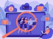 Illustration d’une équipe analysant des données web avec une loupe, pour optimiser SEO, IA et conversion avec le Loop Marketing.