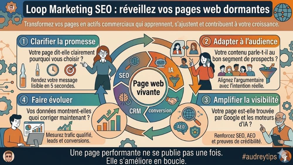 Réveiller vos pages web dormantes avec le Loop Marketing SEO Infographie présentant la boucle Loop Marketing SEO pour transformer des pages web dormantes en actifs commerciaux vivants.