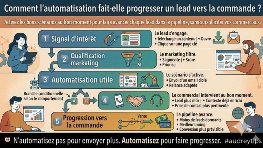 Comment l’automatisation fait progresser un lead vers la commande en B2B Infographie sur l’automatisation du nurturing B2B montrant les étapes qui font progresser un lead vers la commande dans le pipeline