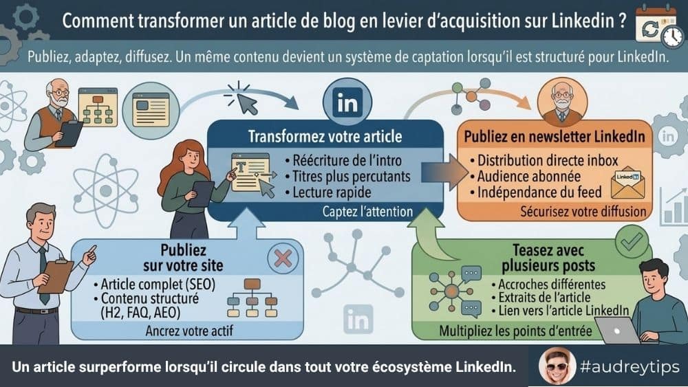 Transformer vos articles longs LinkedIn en levier d’acquisition B2B Infographie - Process articles longs LinkedIn pour transformer un article de blog en levier d’acquisition B2B