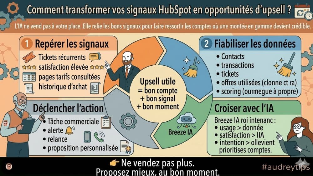 Signaux HubSpot et opportunités d’upsell avec l’IA Infographie expliquant comment transformer les signaux HubSpot en opportunités d’upsell avec l’IA.