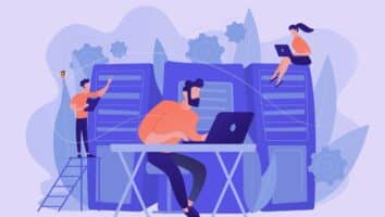 Illustration d’une équipe qui configure HubSpot CRM avec données, accès, pipelines et suivi avant le déploiement.