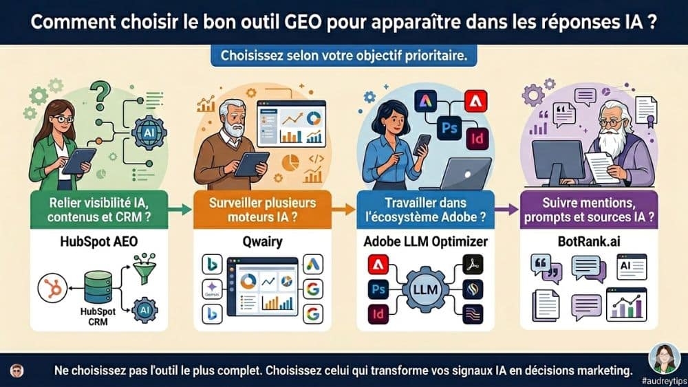 Choisir le bon outil GEO pour apparaître dans les réponses IA Infographie comparant HubSpot AEO, Qwairy, Adobe LLM Optimizer et BotRank.ai pour choisir un outil GEO et apparaître dans les réponses IA.