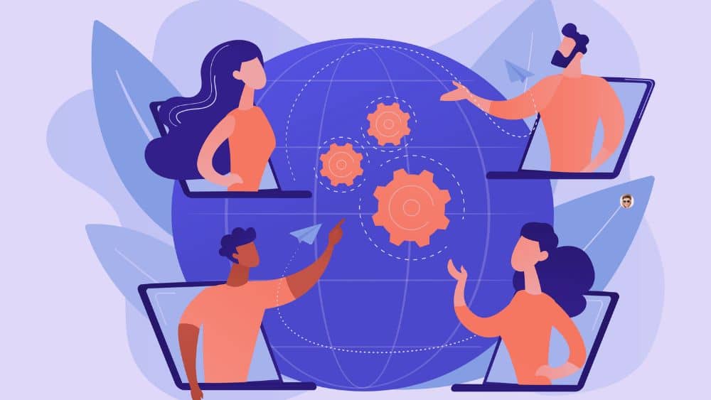 Choisir un outil AEO pour suivre la visibilité IA de votre marque Illustration d’une équipe connectée autour d’un outil AEO pour suivre la visibilité IA et comparer HubSpot AEO, Qwairy, BotRank.ai et Adobe LLM Optimizer.