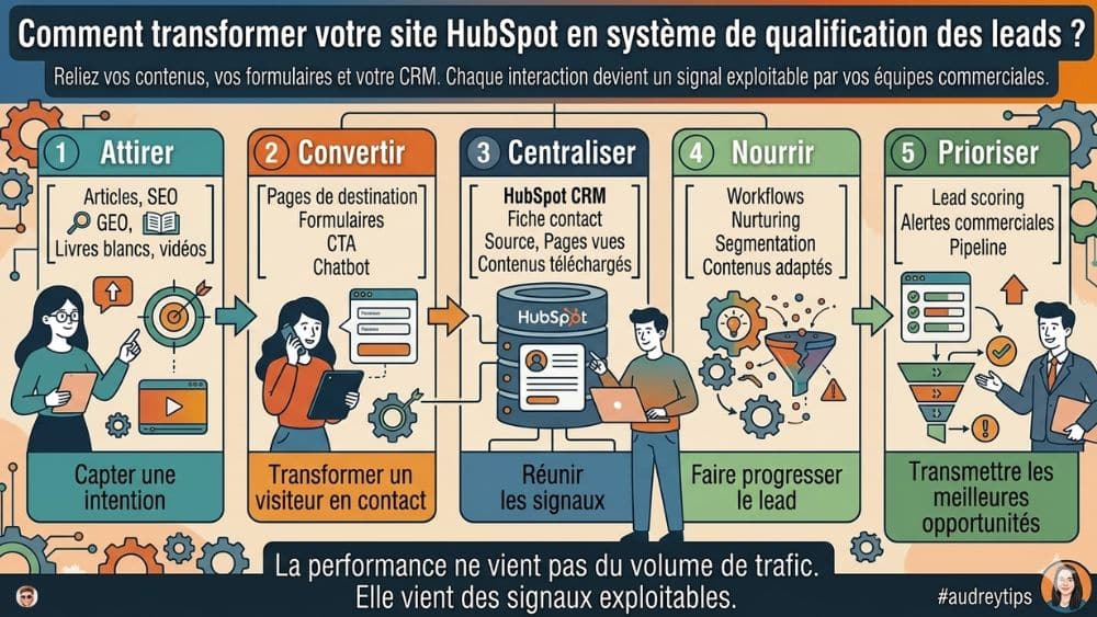Infographie HubSpot CRM CMS et marketing de contenu pour qualifier les leads Infographie en 5 étapes pour transformer un site HubSpot en système de qualification des leads, du contenu au pipeline commercial.