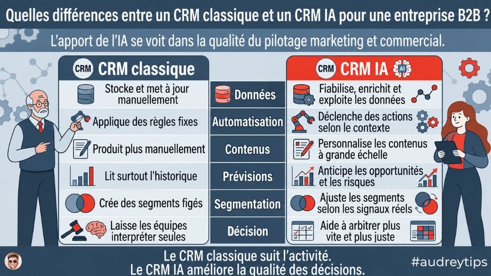 Différences entre CRM classique et CRM IA en B2B Infographie comparant CRM classique et CRM IA en B2B sur les données, l’automatisation, les contenus, les prévisions, la segmentation et la décision.