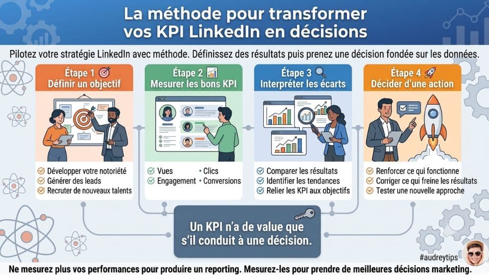 La méthode pour transformer vos KPI LinkedIn en décisions marketing B2B Infographie présentant une méthode en 4 étapes pour transformer les KPI LinkedIn en décisions marketing B2B : définir un objectif, mesurer les bons indicateurs, interpréter les écarts et décider d’une action.