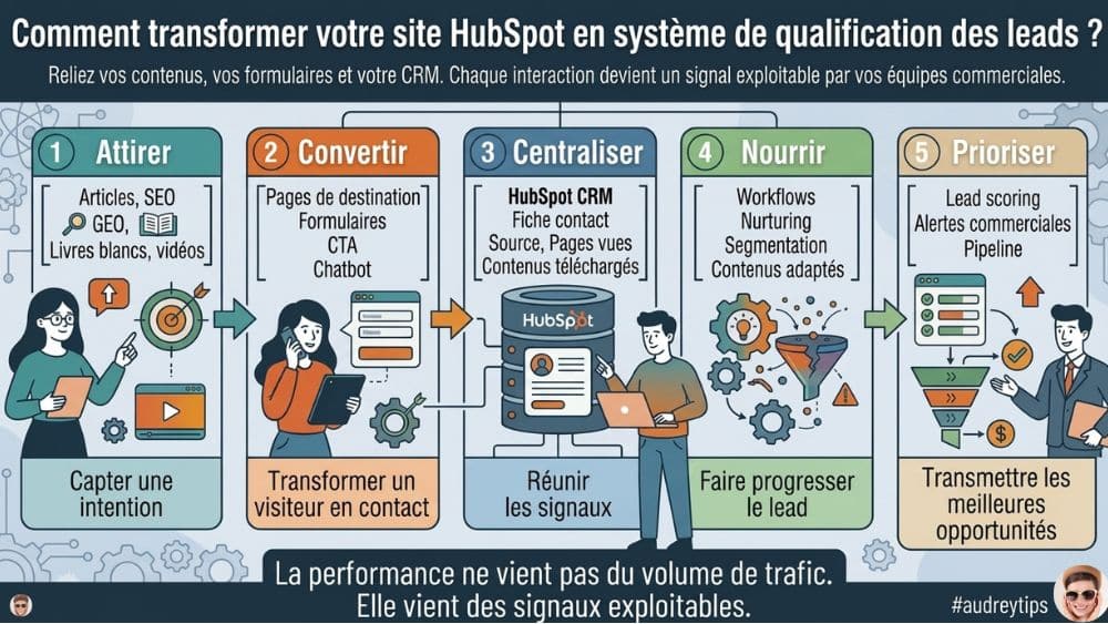 Infographie HubSpot CRM CMS et marketing de contenu pour qualifier les leads Infographie en 5 étapes pour transformer un site HubSpot en système de qualification des leads, du contenu au pipeline commercial.