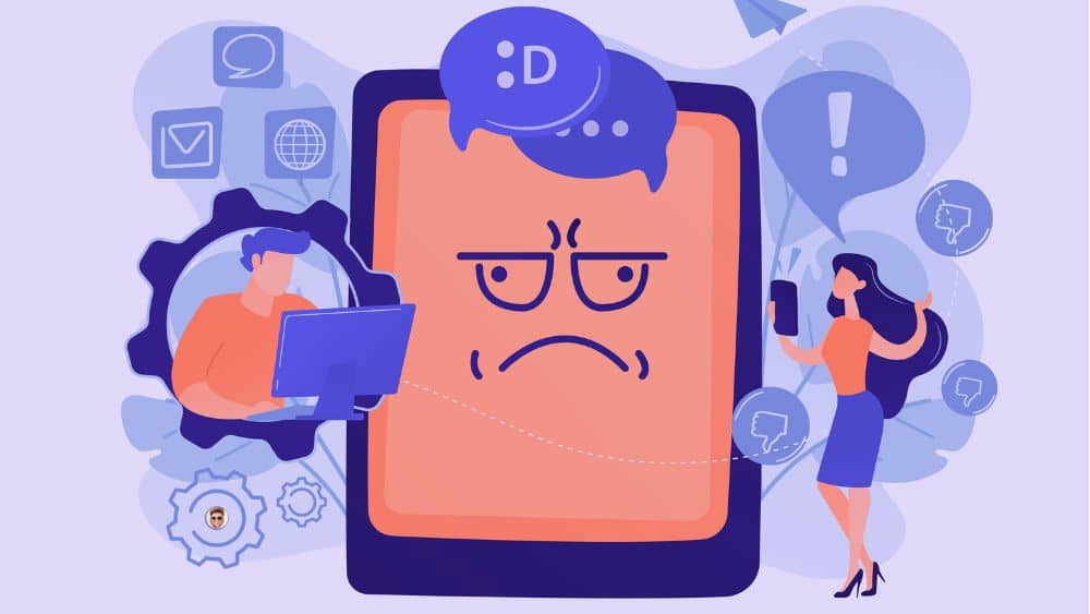 Éviter les erreurs qui font perdre l’attention en vidéo marketing Illustration d’une vidéo marketing mal reçue, avec un écran mécontent et des réactions négatives autour du contenu.
