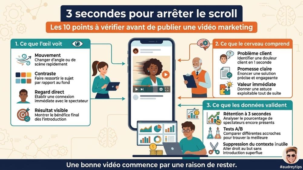 Réussir les 3 premières secondes d’une vidéo marketing Infographie sur les 3 secondes en marketing vidéo, avec les points à vérifier pour arrêter le scroll et retenir l’attention.