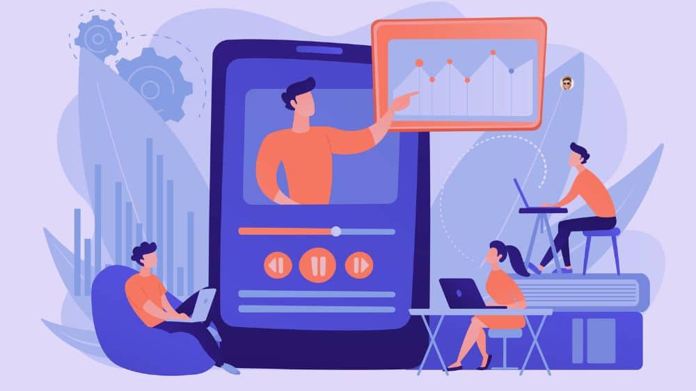 Créer une accroche visuelle qui arrête le scroll en marketing vidéo Illustration d’une vidéo marketing mobile avec une équipe qui analyse un graphique pour améliorer l’accroche visuelle.