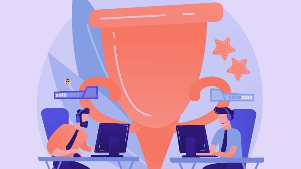 Salesforce pour automatiser des processus marketing B2B complexes. Illustration d’un trophée et de deux personnes au bureau pour évoquer Salesforce et le marketing automation B2B complexe.