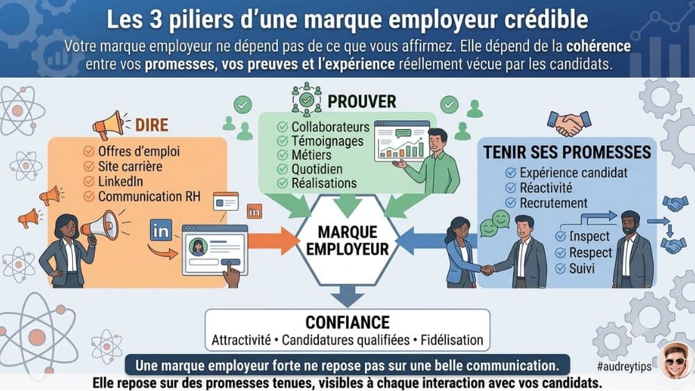 Infographie : comment renforcer durablement votre marque employeur ? Infographie présentant les 3 piliers d’une marque employeur crédible : dire, prouver et tenir ses promesses pour attirer des candidats qualifiés.