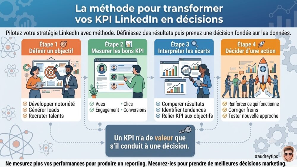 La méthode pour transformer vos KPI LinkedIn en décisions marketing B2B Infographie présentant une méthode en 4 étapes pour transformer les KPI LinkedIn en décisions marketing B2B : définir un objectif, mesurer les bons indicateurs, interpréter les écarts et décider d’une action.