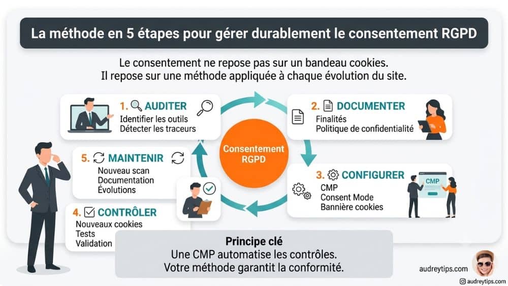 Méthode en 5 étapes pour piloter durablement le consentement RGPD en agence web Infographie présentant une méthode en cinq étapes pour piloter durablement le consentement RGPD en agence web : auditer, documenter, configurer, contrôler et maintenir.