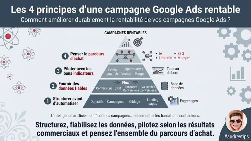 Relier les conversions Google Ads aux ventes enregistrées dans le CRM Pyramide des quatre principes reliant les campagnes Google Ads aux données CRM et aux résultats commerciaux