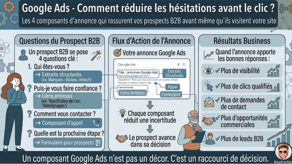 Réduire les hésitations des prospects B2B avec les composants Google Ads Infographie présentant quatre composants Google Ads qui répondent aux questions des prospects B2B avant le clic