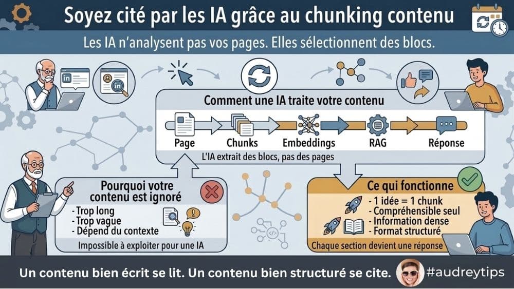 Rendre ses preuves repérables par les IA grâce au chunking Infographie expliquant comment le chunking structure un contenu en blocs citables pour gagner en visibilité dans les réponses IA