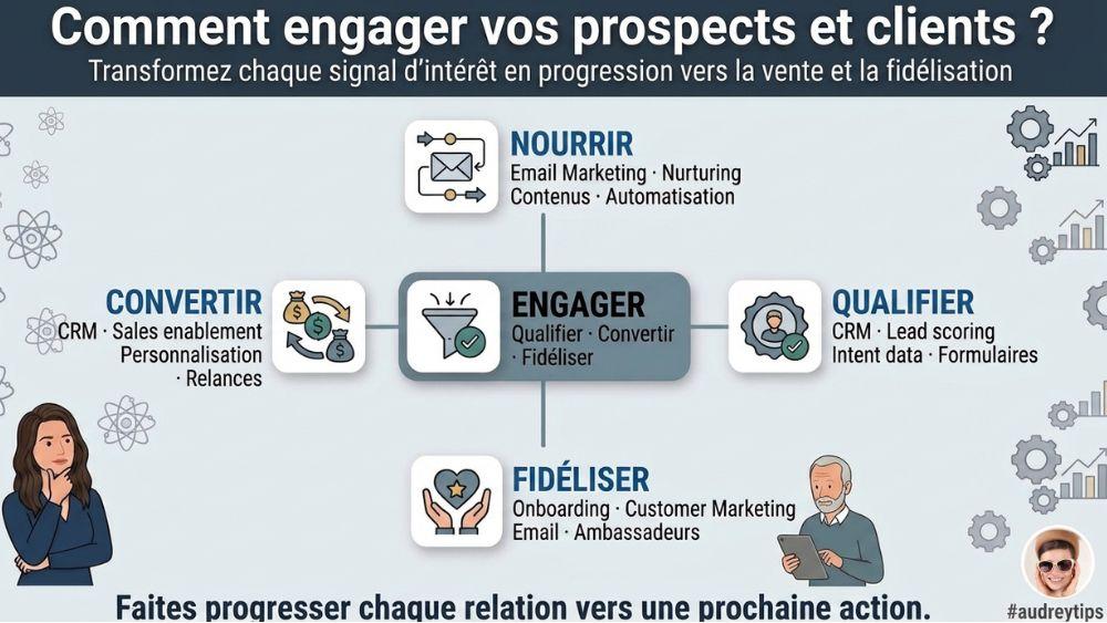 Faire progresser vos prospects et clients de l’intérêt à la fidélisation Engager prospects et clients B2B en les qualifiant, en nourrissant la relation, en les convertissant et en les fidélisant