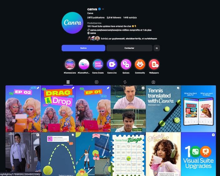 Exemple Instagram B2B : montrer le résultat avant la fonctionnalité Feed Instagram de Canva montrant des créations, tutoriels et démonstrations pour illustrer les usages de son produit