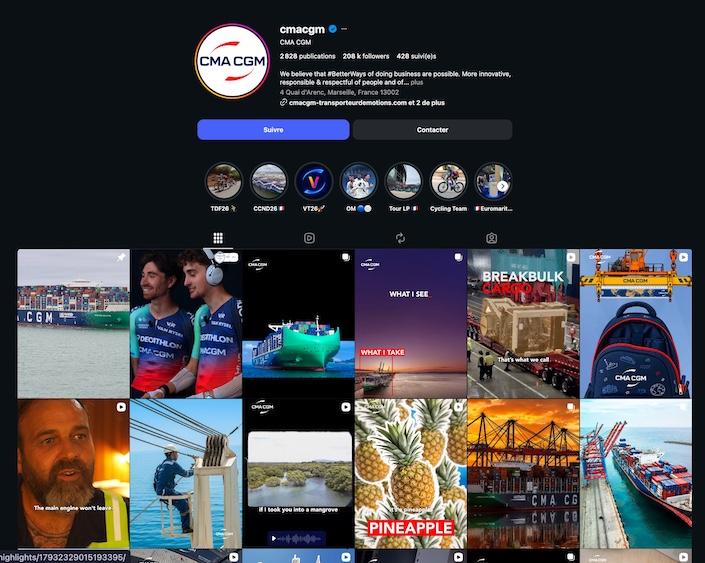 Exemple Instagram B2B : transformer son activité quotidienne en contenu Feed Instagram de CMA CGM montrant navires, ports, équipages et opérations pour raconter son activité B2B