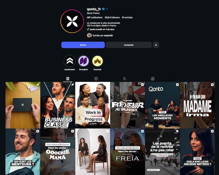 Exemple Instagram B2B : créer un média autour de son audience Feed Instagram de Qonto montrant entrepreneurs, interviews et séries éditoriales autour de l’entrepreneuriat