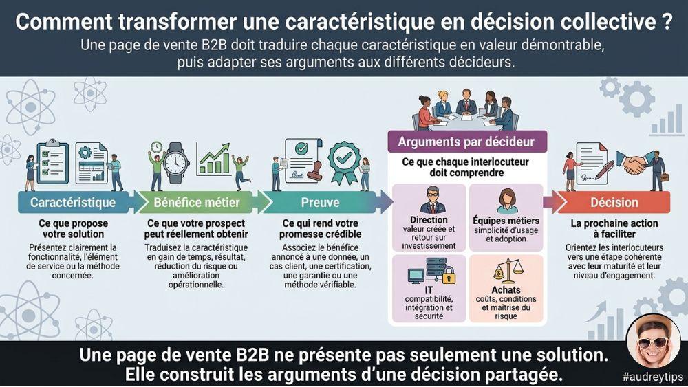 De la caractéristique à la décision collective sur une page de vente Infographie montrant le passage d’une caractéristique à une décision collective sur une page de vente B2B