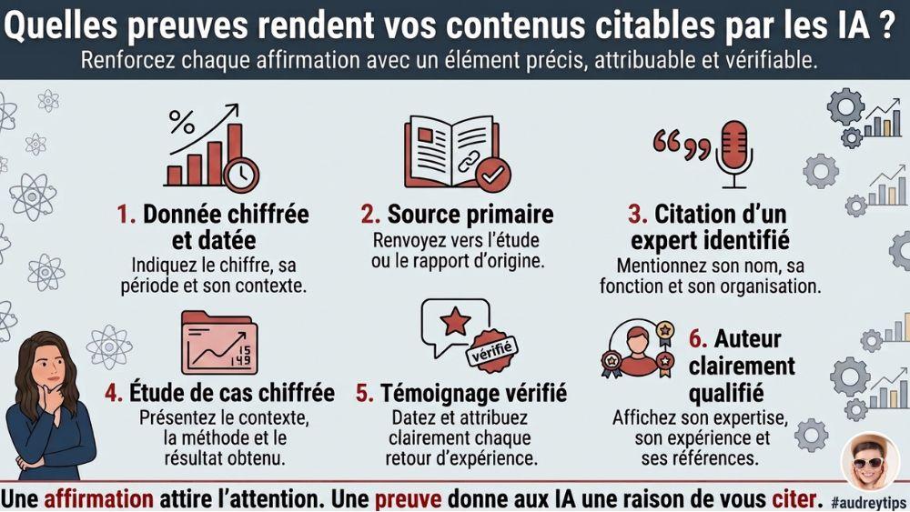 Renforcer la visibilité de ses contenus dans les réponses IA avec des preuves Infographie présentant six preuves qui rendent un contenu fiable et citable dans les réponses IA