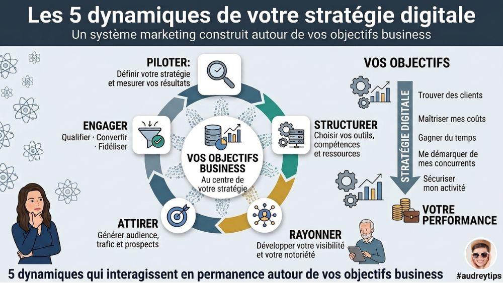 Transformer votre stratégie digitale en capacité d’exécution La structuration relie outils, compétences, données et ressources aux cinq dynamiques de la stratégie digitale