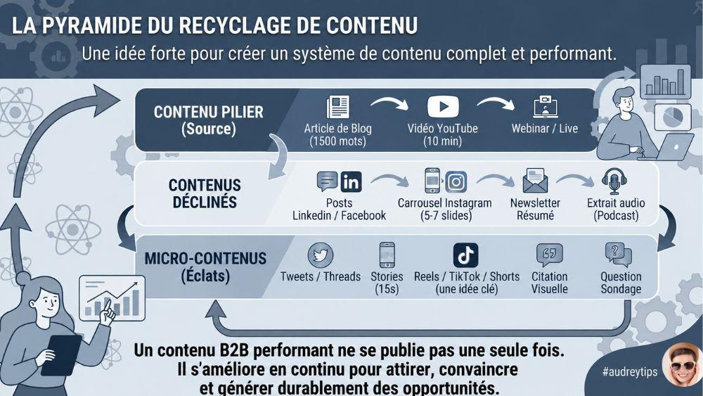 Comment adapter un contenu aux réseaux sociaux avec ChatGPT ? Infographie sur le recyclage de contenu : un contenu pilier décliné en plusieurs formats pour les réseaux sociaux.