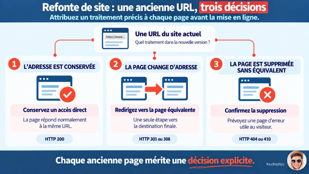 Définissez le traitement de chaque ancienne URL avant la refonte Refonte : conserver l’URL en HTTP 200, rediriger vers une page équivalente en 301 ou 308, ou supprimer sans équivalent en 404 ou 410.