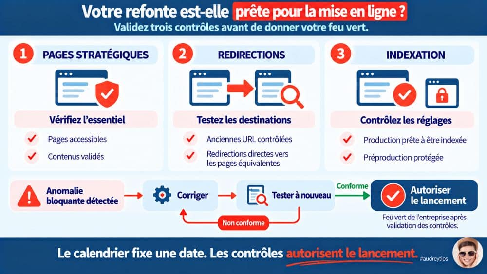 Vérifiez les contrôles SEO avant d’autoriser le lancement Contrôles SEO avant lancement : pages stratégiques, redirections et indexation. Corriger les anomalies, tester à nouveau, puis autoriser la mise en ligne.