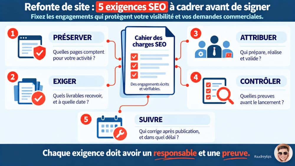 Formalisez les cinq exigences SEO de votre refonte avant de signer Cahier des charges SEO : préserver les pages stratégiques, exiger les livrables, attribuer les rôles, contrôler et suivre la refonte.